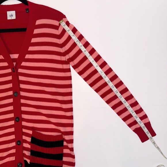 Cabi Picnic Cardigan Button Front Knit Cotton Red Pink Blue Striped Long Slv XS - Picture 11 of 14
